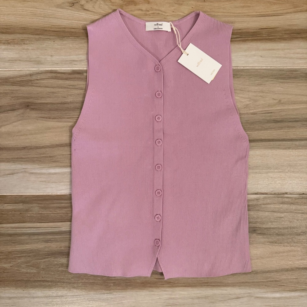 Aritzia Wilfred Croquet Sweater Vest Mauve Purple Ribbed Knit Button Front Small
